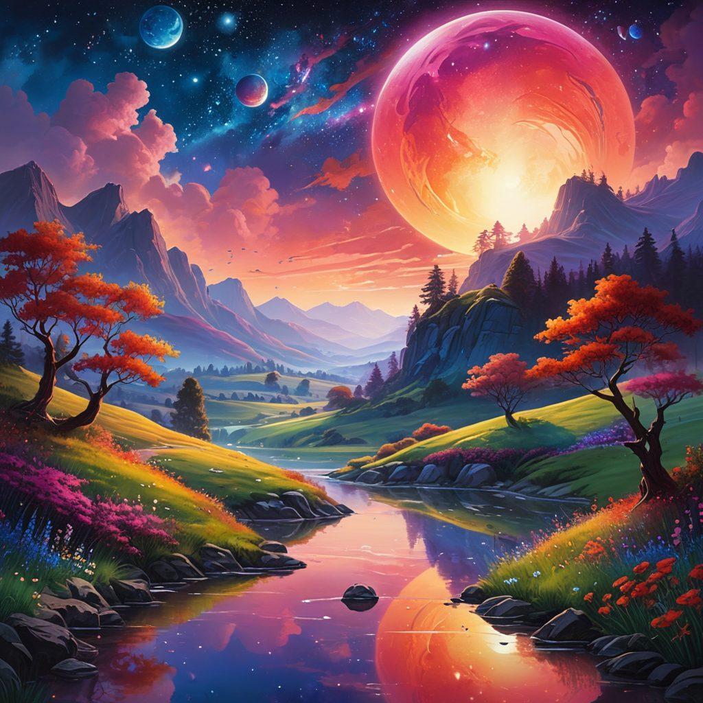 A captivating fantasy world filled with vibrant mystical creatures and alluring landscapes, featuring a dramatic night sky with glowing stars. Sensual silhouettes and intriguing hints of romance intertwine throughout the scene, inviting the viewer's imagination to wander. Include elements like glowing orbs and ethereal light to enhance the allure. The overall composition should maintain an essence of enchantment and allure, perfect for an adult entertainment theme. painting. vibrant colors. dreamlike atmosphere.