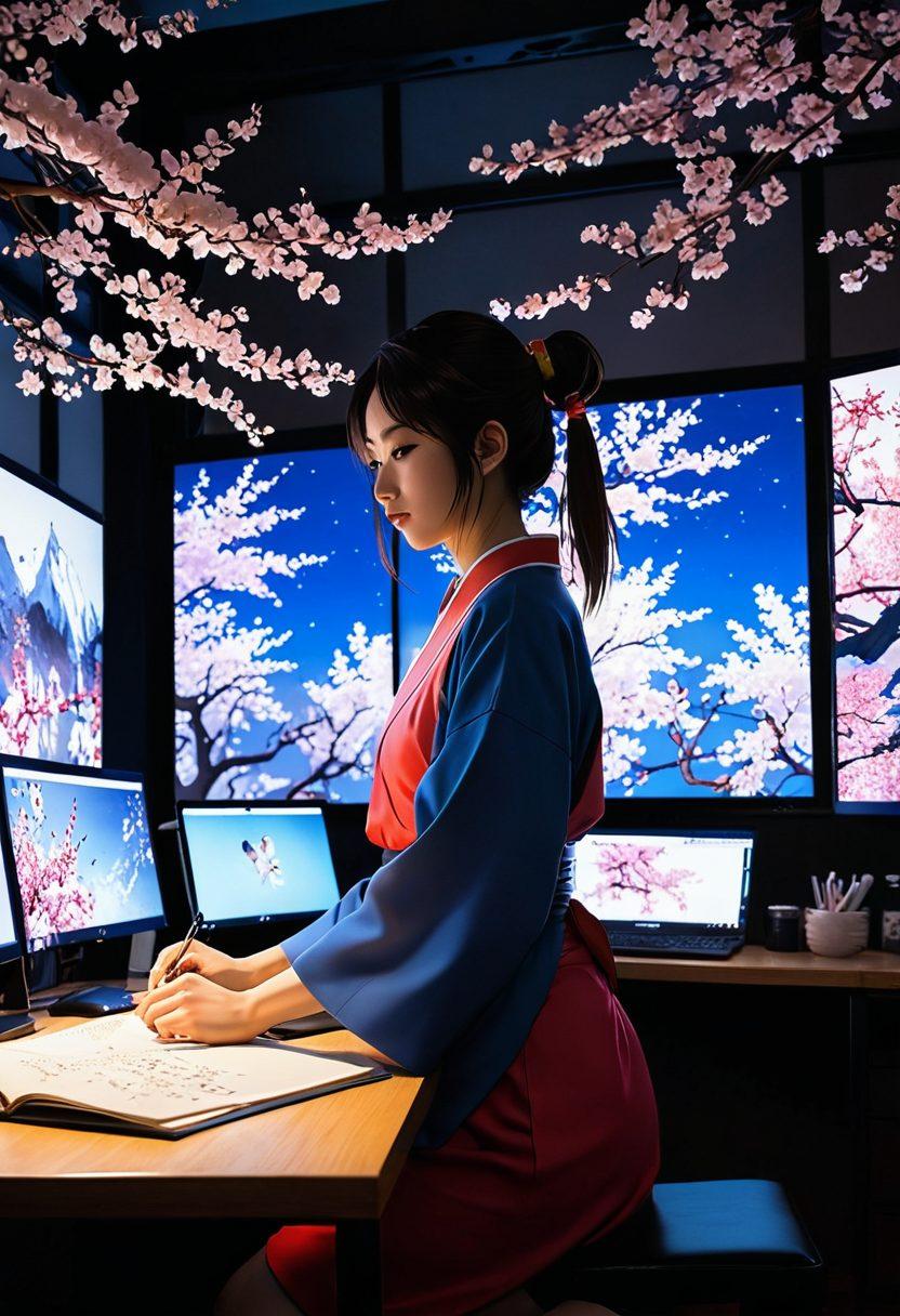 A dynamic scene depicting a vibrant, colorful manga artist surrounded by illustrated panels of erotic anime characters coming to life, blending the worlds of page and screen. Include iconic elements of Japanese culture, such as cherry blossoms and neon lights, along with subtle adult themes displayed creatively. The artist is in a studio filled with digital screens showcasing animated sequences, emphasizing the transition from manga to animation. super-realistic. vibrant colors. 3D.